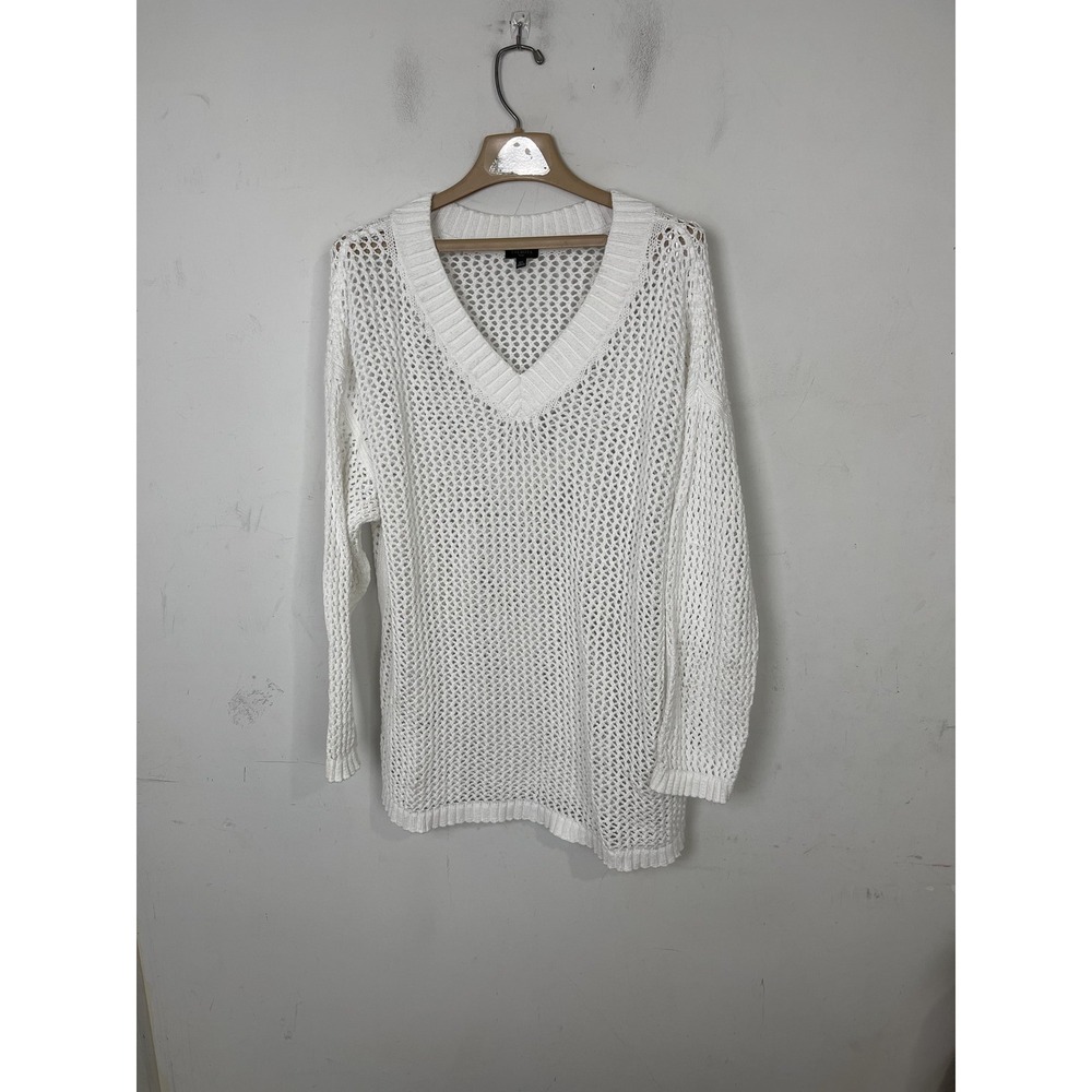 Talbots Plus Womens White 2X Crochet Knit V-Neck Pullover Sweater Coastal Beachy
